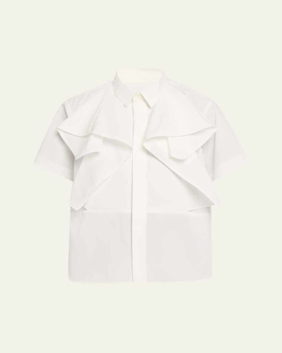 Poplin Ruffle Shoulder Short Sleeve Blouse